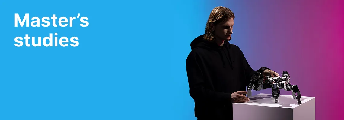 Master's studies at KTU. A young man in a black hoodie working with a quadruped robot placed on a white table, against a vibrant blue and purple gradient background.